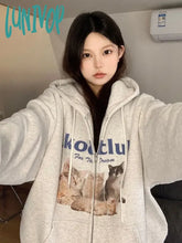 Lunivop Vintage Kawaii Zip Up Cat Print Hooded Sweatshirts Women Y2K Harajuku Streetwear Graphic